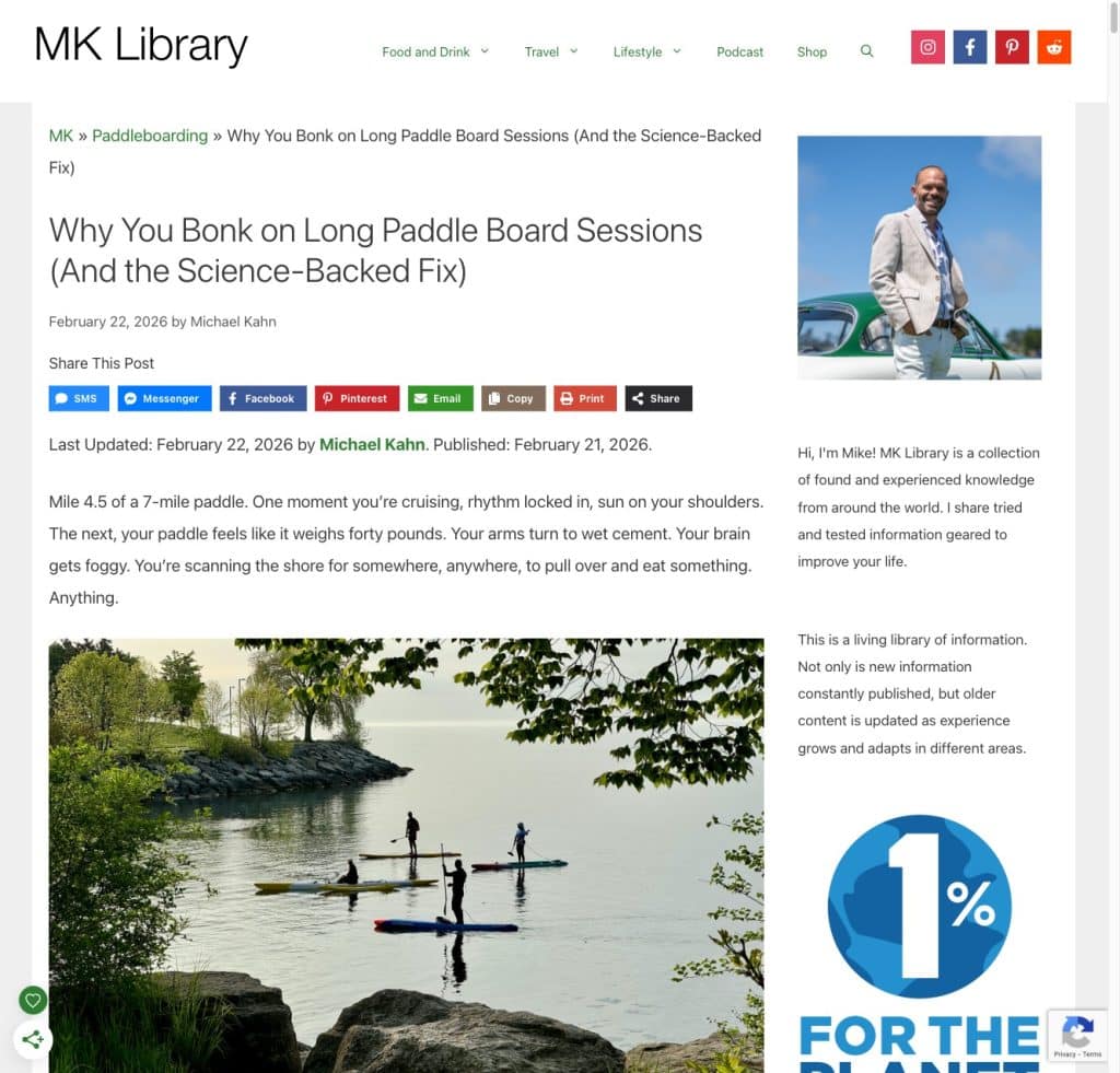 MK Library paddle board nutrition article showing the hero section and opening narrative